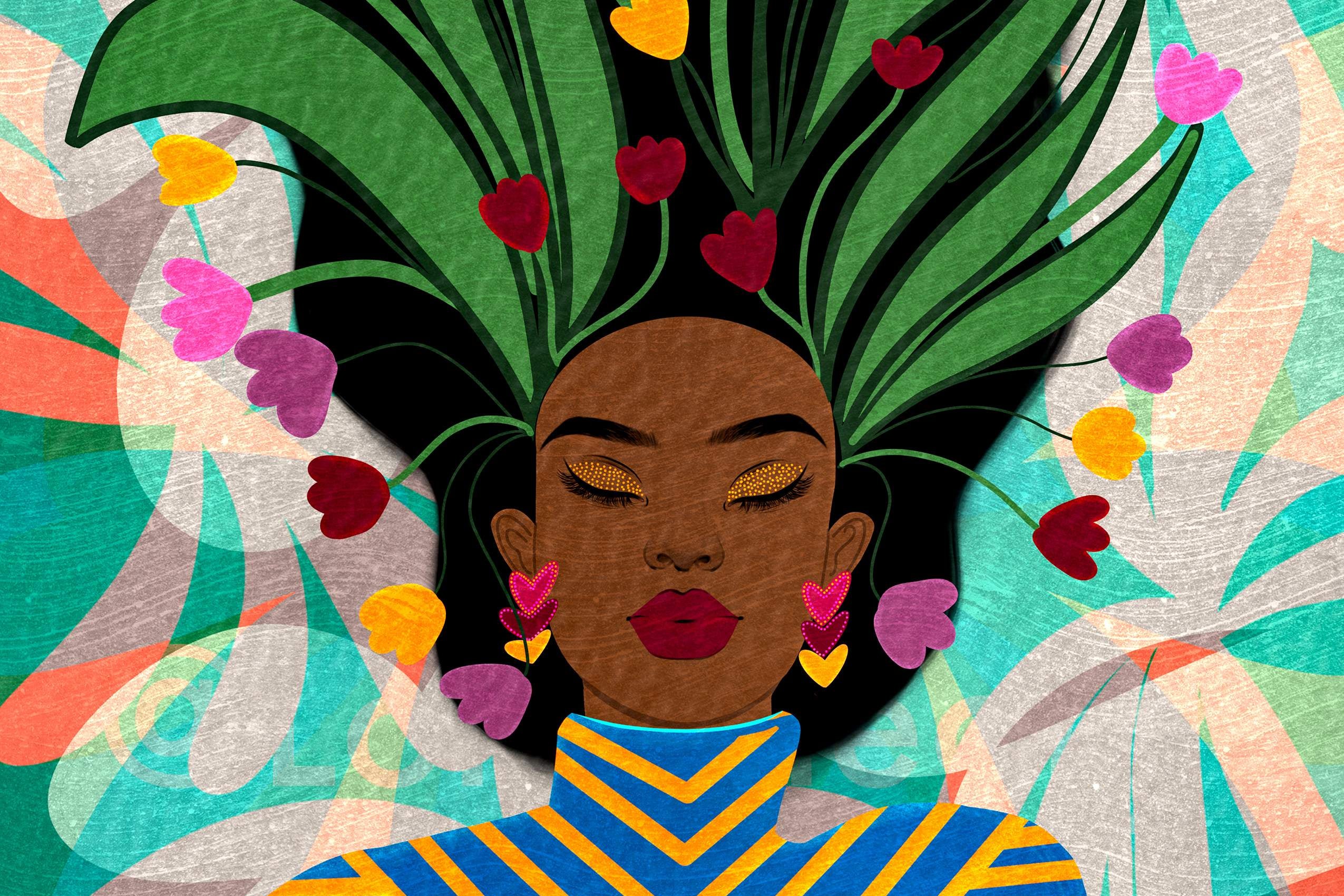 Colorful artwork of a woman with a vibrant hairstyle featuring flowers and leaves.
