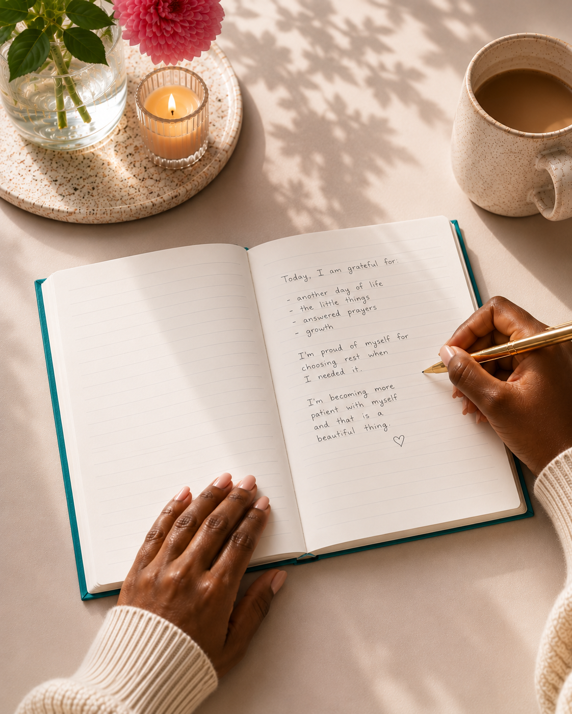 Person writing in a journal with a cup of coffee and candle in the background